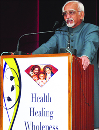 Vice-President Hamid Ansari addressing at the valedictory function of the Diamond Jubilee celebrations of the Holy Family Hospital in New Delhi on Thursday. Tribune photo