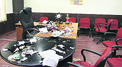 The office of Senior Deputy Mayor Kamaljit Singh Bhatia strewn with garbage after safai karamcharis held a protest at Municipal Corporation building in Jalandhar on Thursday