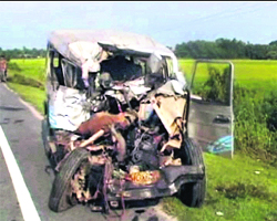 The wreckage of a vehicle involved in an accident near Barpeta in Assam on Thursday.