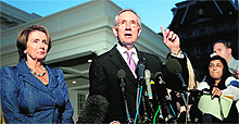 Senate Majority Leader Harry Reid and House Minority Leader Nancy Pelosi (L) in Washington, DC, on Wednesday