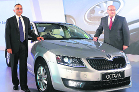 Sudhir Rao (L), Managing Director, Skoda Auto India, and Pawel Szuflak, Director, Sales & Marketing, at the launch of new Octavia in New Delhi on Thursday. The car is priced between Rs 13.95 lakh and Rs 19.45 lakh (ex-showroom, Delhi).
