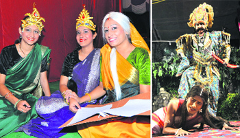 Artistes of the Sector 28 Ramlila committee; and (right) a sequence of the Ramayana being enacted at Sector 20 in Chandigarh on Friday