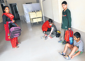 Special children and their teacher in the corridor of Anuvarat Bhavan in Sector 24, Chandigarh