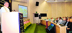 Chief Minister Vijay Bahuguna delivers an address during the ninth foundation day function of the National Disaster Management Authority in New Delhi on Friday