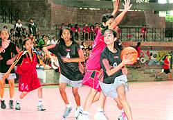 A match in progress during a basketball tournament in Dehradun on Friday