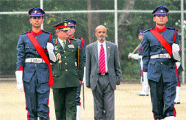 General Gaurav Shamsher Jung Bahadur Rana, Chief of the Nepal Army, inspects a parade at Lawrence School, Sanawar, on Friday.