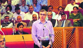 Chief Minister Omar Abdullah addresses members of the Legislative Council in Srinagar on Friday.