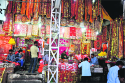 A decorated shop on the eve of the Navratri festival in Trikuta Hills on Friday.
