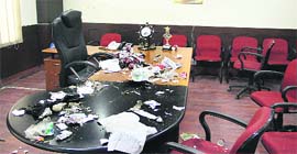 The office of Senior Deputy Mayor Kamaljit Singh Bhatia strewn with garbage after safai karamcharis held a protest at Municipal Corporation building in Jalandhar on Thursday.