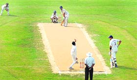 A cricket match being played between Guru Harkrishan Public School, New Delhi, and Saint Mary Christian School, Ghaziabad, during the Bhai Gobind Singh Pasricha Memorial 14th Inter-School Cricket Tournament at MGN Public School in Jalandhar on Friday.