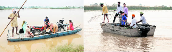 Villagers crossing the Beas with two motorcycles on the boat in Sultanpur Lodhi on Friday (Left) and A rescue operation on in the Beas near Tarn Taran on Friday. Tribune photos: Malkiat Singh.