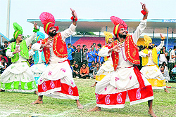 Students perform bhangra during the closing ceremony of the 39th Punjab State Games for Women in Bathinda on Saturday