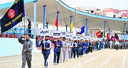 Teams take part in the march past during the concluding ceremony of the games in Bathinda on Saturday