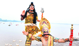 Artistes enact a scene from Ramlila at Sukhna Lake in Chandigarh on Saturday.