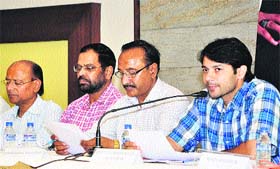 Deputy Commissioner, Jalandhar, Varun Roozam along with other officials addressing the media regarding Surjit Hockey Tournament in Jalandhar on Saturday
