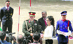 General Gaurav Shamsher Jang Bahadar Rana honours Navjot Kaur at Lawrence School, Sanawar, on Saturday