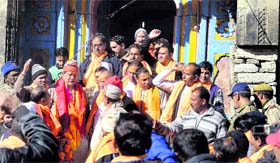 Pilgrims at the Kedarnath Temple on Saturday.