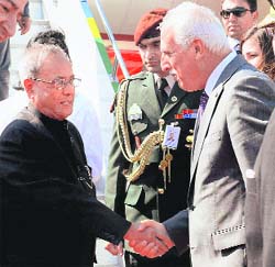 President Pranab Mukherjee is welcomed by Istanbul Governor Huseyin Avni Mutlu on his arrival in Turkey on Saturday.