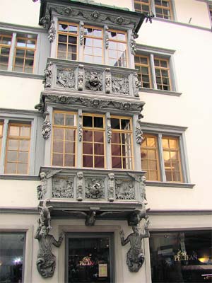 Decorated facades and oriel windows of St Gallen old houses