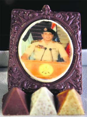 Chocolates decorated with a portrait of Egypt's armed forces chief General Abdel Fattah al-Sisi and moulded in the shape of pyramids at Bahira Galal's shop in Cairo