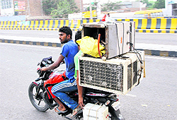 Youths carry air conditioners on a motorbike, risking their own and others lives, in Bathinda on Sunday