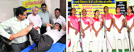 Dr Mohit Garg examines a patient during a camp organised by Sewa Bharti at physiotheraphy point; students participate in a group song competition organised by Bharat Vikas Parishad at SSD Girls College; SP Shri Mali, DGM, State Bank of Patiala, being honoured at SSD Girls College; and a book titled Museebat Mareya Rab, written by Om Parkash Gasu (extreme right) being released during a function at Teachers Home in Bathinda on Sunday