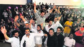 Panjab University students from Himachal Pradesh celebrate the recent victory of their party, HIMSU, in the PU Campus Student Council elections on Sunday
