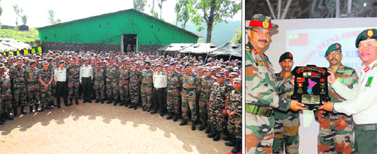 Officials and jawans of the Indian and Nepalese armies at the conclusion of a joint military training at Pithoragarh on Sunday; and (right) officials of both countries exchange mementos.