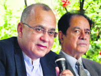 Pakistan High Commissioner to India Salman Bashir (L) at a press conference in Hyderabad on Sunday