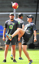 Australian cricketers during a practice session at the Brabourne Stadium in Mumbai on Sunday. 