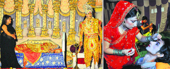 Artistes enact a scene of ‘Ram vanvas’ in Sector 29, Chandigarh, on Monday; and (right) A woman gives the finishing make-up touches to an artiste before the start of Ramlila in Sector 28.