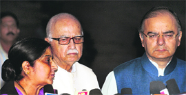 BJP leaders Sushma Swaraj, LK Advani and Arun Jaitley after meeting the President against the draft Ordinance that was subsequently withdrawn.