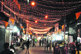 A view of the illuminated Raghunath Market in Jammu on Monday.