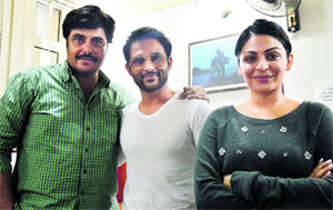 Actors Guggu Gill, Harish Verma and Neeru Bajwa in Ludhiana on Monday.