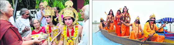 Artistes dressed as Lord Rama and Lakshman from the Ramlila Committee, Sector 17, interact with inmates of Old Age Home, Sector 15; and (right) artistes of the Nav-yug Ramlila Club, Sector 7, enact a scene "Ganga Paar" at the Sukhna Lake in Chandigarh on Tuesday.