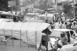 A traffic jam on the Ambala-Hisar highway after farmers blocked the road in protest against the refusal of procurement agencies to buy paddy with high moisture. 