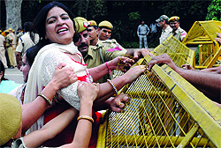 Activists of the BJP Mahila Morcha shouting slogans outside Chief Minister Sheila Dikshits residence to highlight the failure of the Delhi Government in protecting women in New Delhi on Tuesday