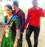 Mallika Sherawat shoots for a TV reality show at a farmhouse near Hansi in Hisar district on Tuesday. A Tribune photograph