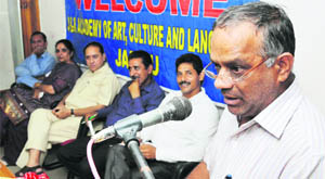 A speaker participates in the Dogri Mushaira in Jammu on Tuesday.