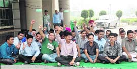 Employees of PIMS raise slogans on the second day of protest against non-payment of salaries in Jalandhar on Tuesday.
