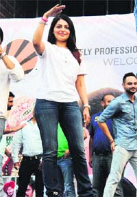 Actor Neeru Bajwa during the promotion of her Punjabi film Ronde Sare Vyah Pichon in Jalandhar on Tuesday.