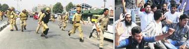 Police personnel rush to disperse volunteers of the National Youth Corps from moving towards the Civil Secretariat and (right) protesters during a sit-in against the detention of their leaders in Srinagar on Tuesday. 