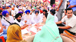 MP from Bathinda Harsimrat Kaur Badal at a sangat darshan programme in Bathinda on Wednesday. A Tribune photograph