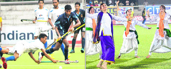 A match in progress during 30th Indian Oil Surjit Hockey Tournament; and (right) girls perform a culural programme during the opening ceremony on Wednesday. 