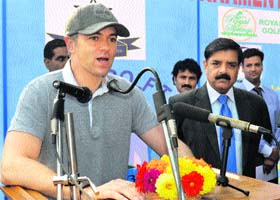 Chief Minister Omar Abdullah talks to mediapersons after the inaugural function of the 17th All India Police Golf Tournament in Srinagar on Wednesday