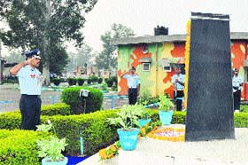 Air Commodore Prashanth Eknath Patange, Air Officer Commanding of Air Force Station, Jammu, pays homage at the station memorial in Jammu on Wednesday