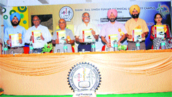 Dignitaries at a seminar on Advancement in Sustainable Practices and Renewable Energy at Giani Zail Singh Punjab Technical Univdersity Campus in Bathinda on Thursday. A Tribune Photograph