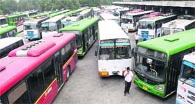 Buses parked haphazardly at the ISBT, Sector 17, during the strike