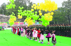 Students release coloured balloons in the air to mark the 125th anniversary celebrations at Wynberg Allen School in Mussoorie on Thursday. A Tribune photograph