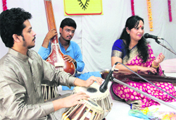 Vocalist Sunanda Sharma performs at Kendriya Vidyalaya in Dehradun on Thursday. A Tribune photograph
